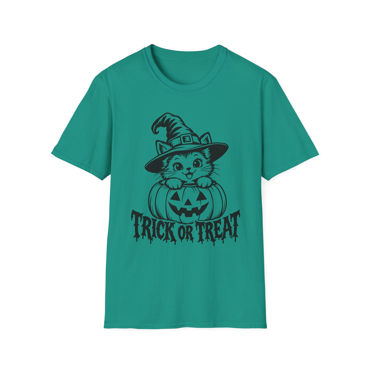 Trick or Treat Witch Kitten Gildan 64000 T-Shirt -- Halloween Cat T-Shirt