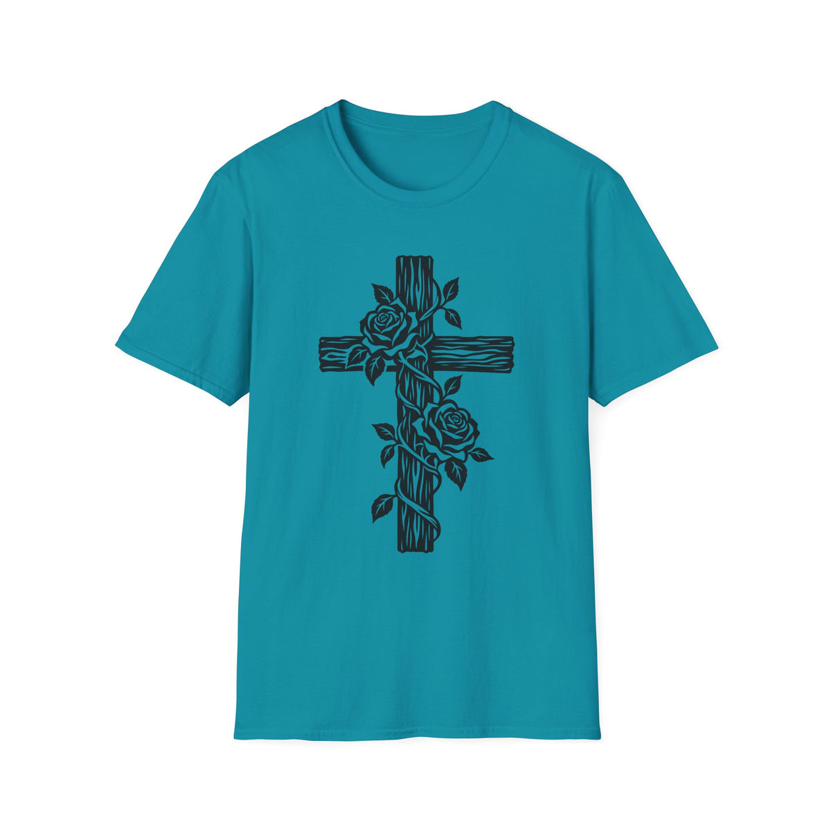 Rose Vine Wooden Cross Gildan 64000 T-Shirt | Floral Christian Cross Tee