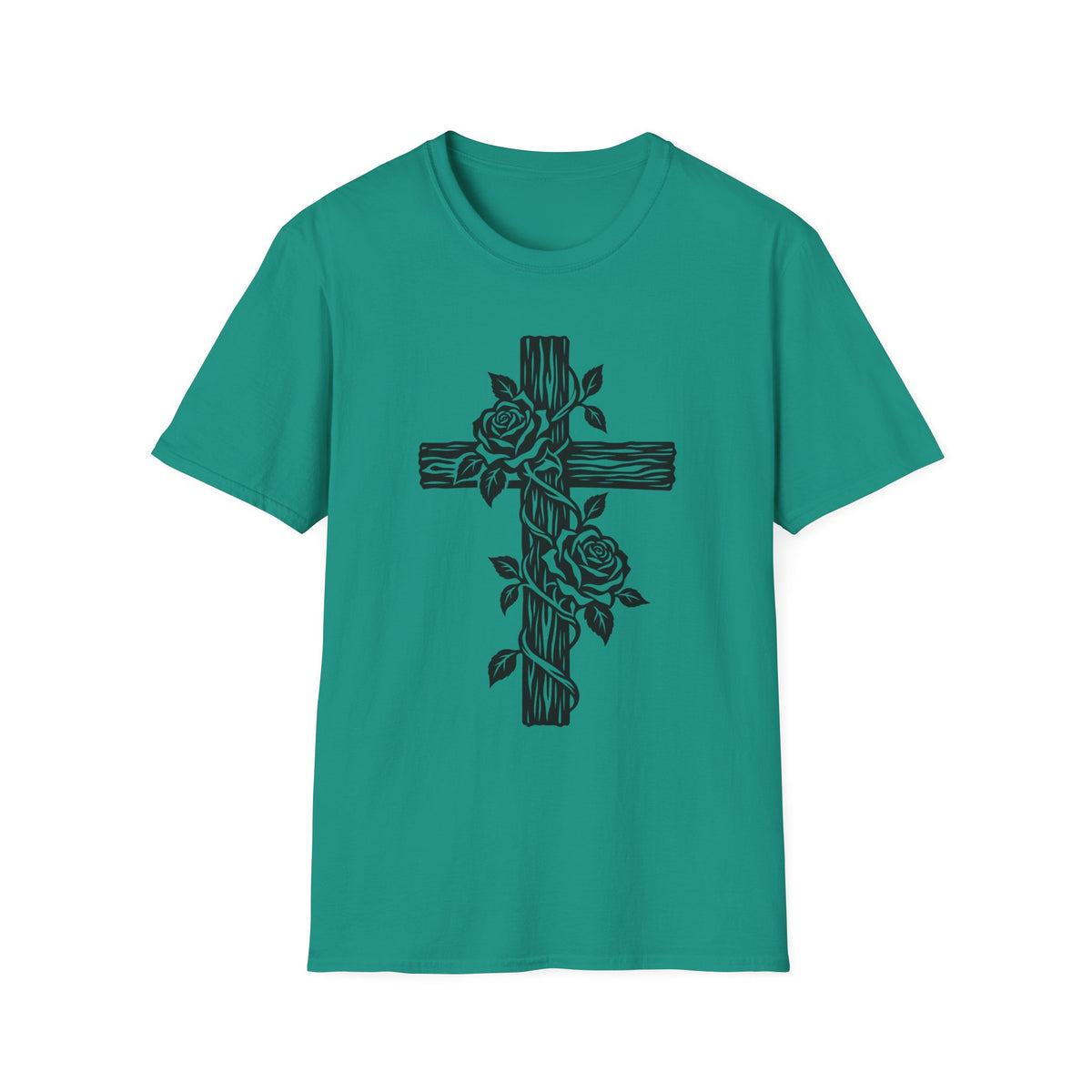 Rose Vine Wooden Cross Gildan 64000 T-Shirt | Floral Christian Cross Tee