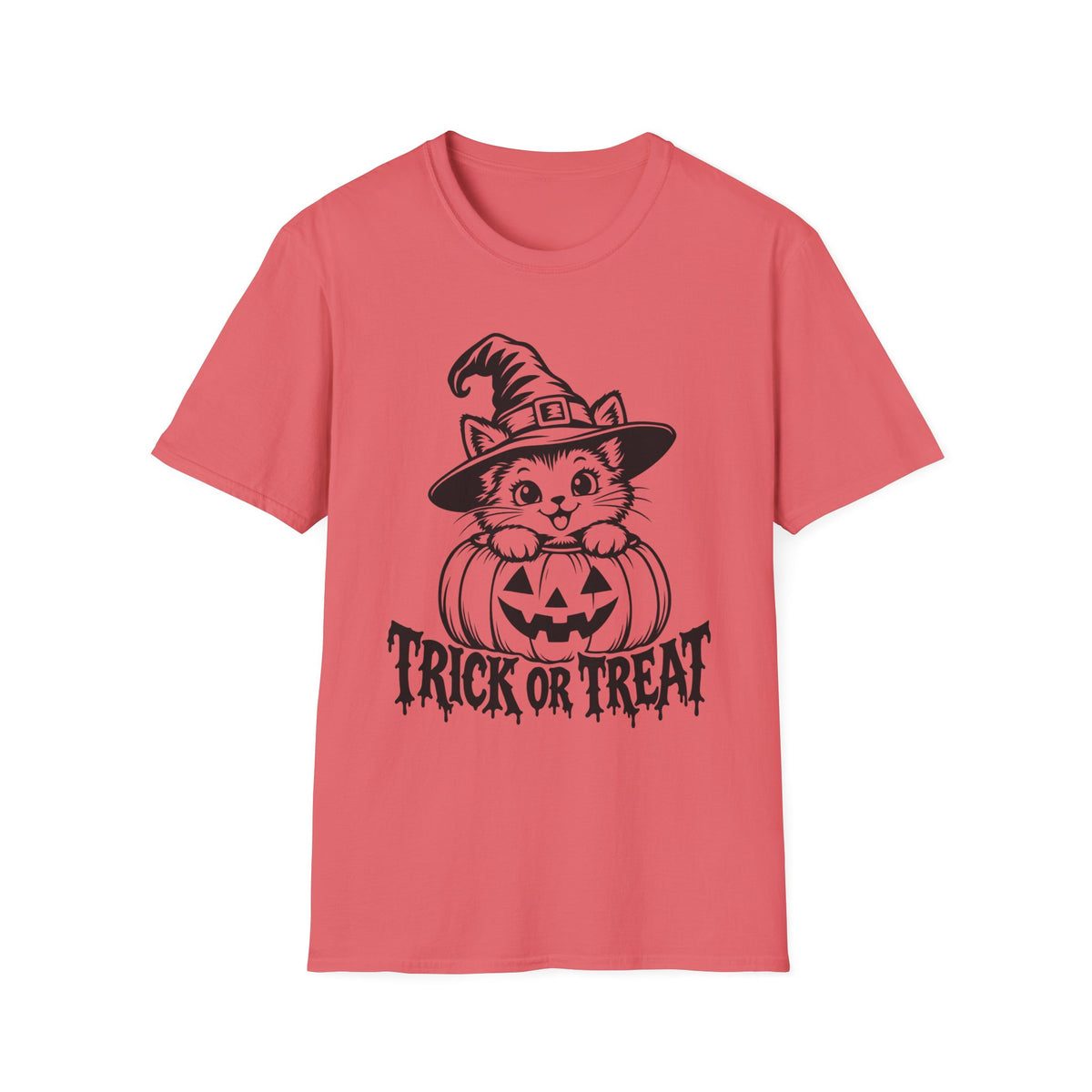 Trick or Treat Witch Kitten Gildan 64000 T-Shirt -- Halloween Cat T-Shirt