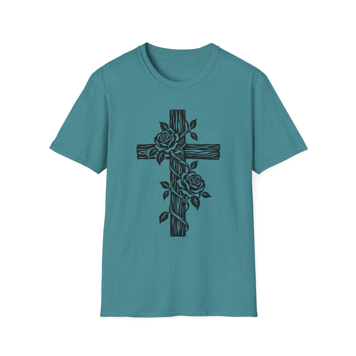Rose Vine Wooden Cross Gildan 64000 T-Shirt | Floral Christian Cross Tee