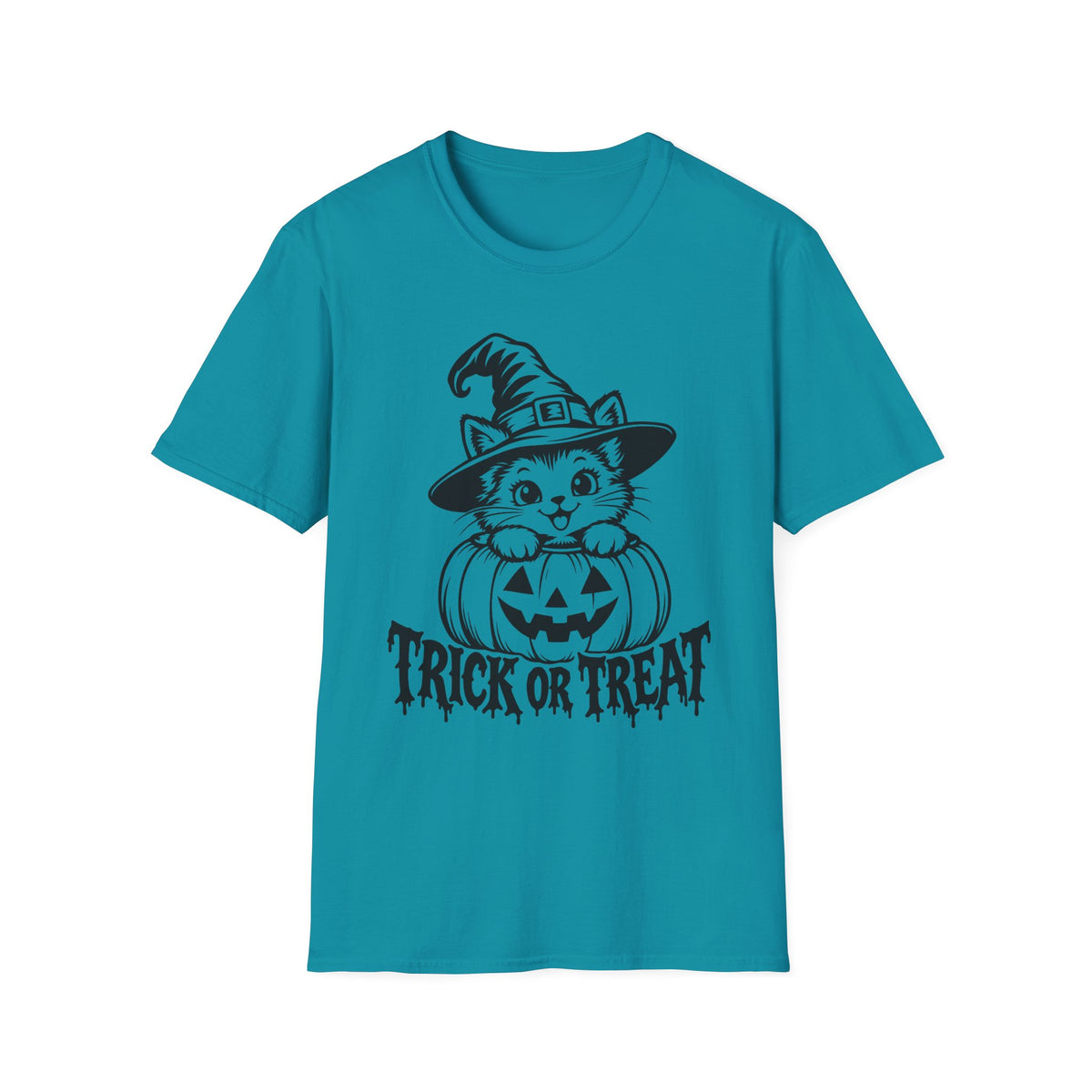 Trick or Treat Witch Kitten Gildan 64000 T-Shirt -- Halloween Cat T-Shirt
