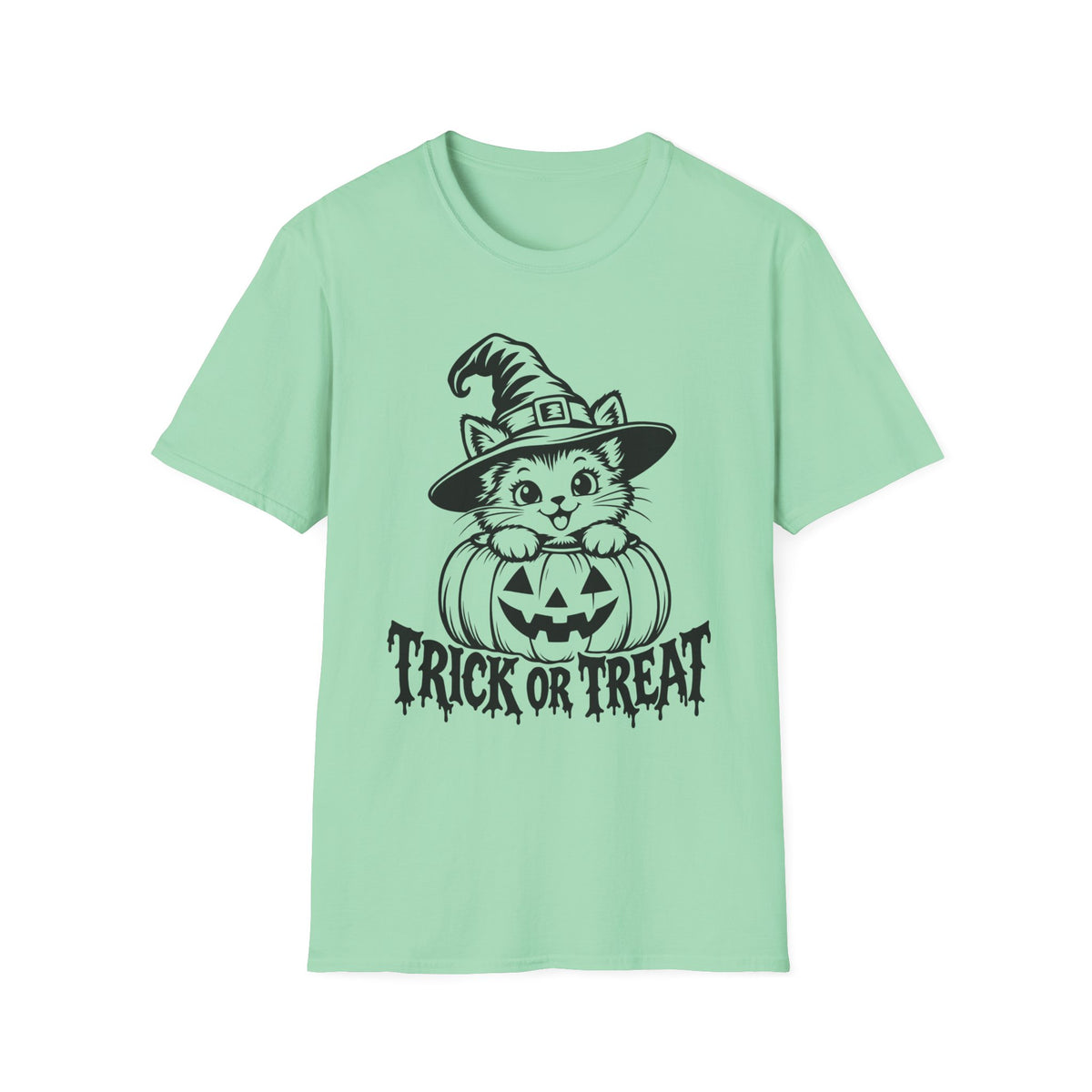 Trick or Treat Witch Kitten Gildan 64000 T-Shirt -- Halloween Cat T-Shirt