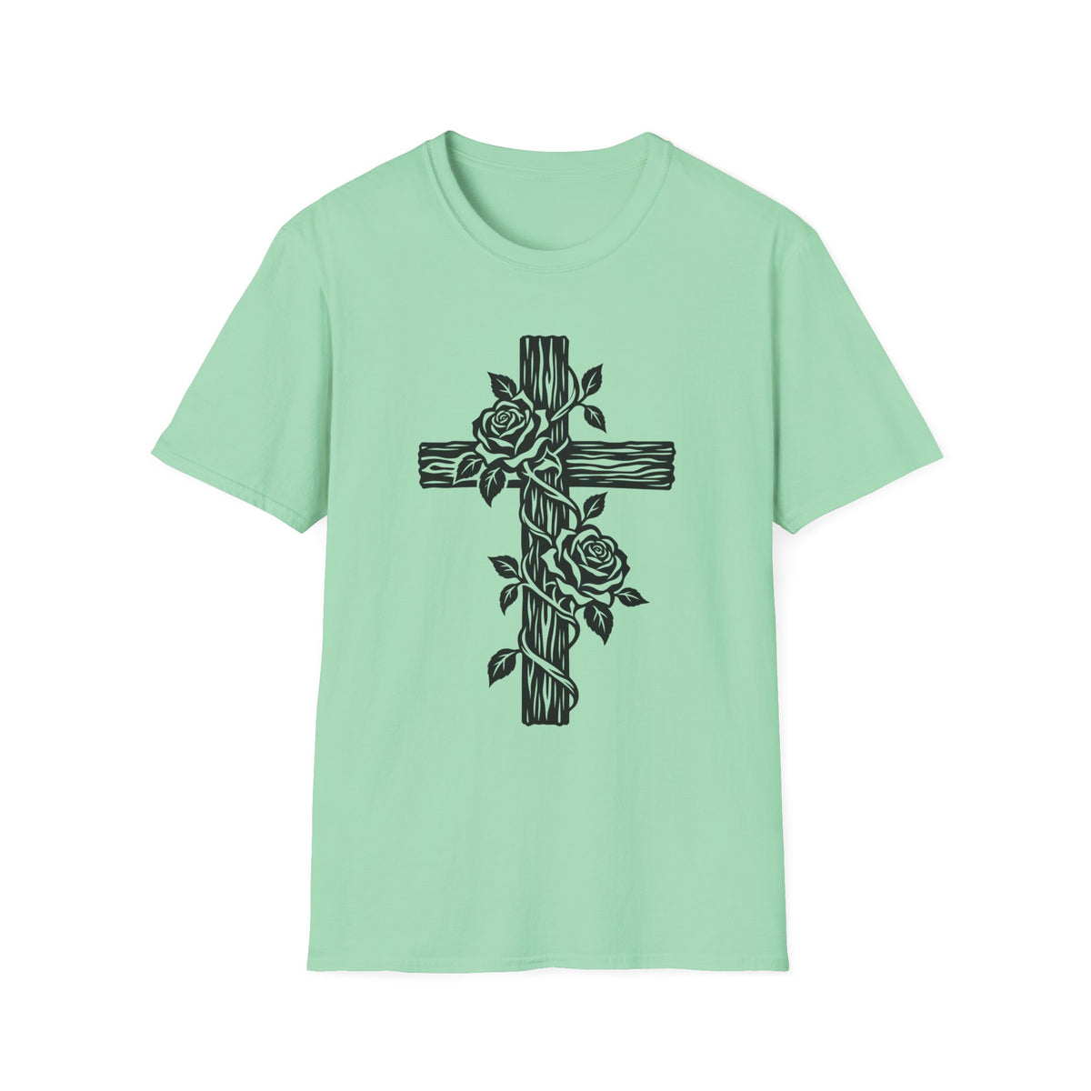 Rose Vine Wooden Cross Gildan 64000 T-Shirt | Floral Christian Cross Tee