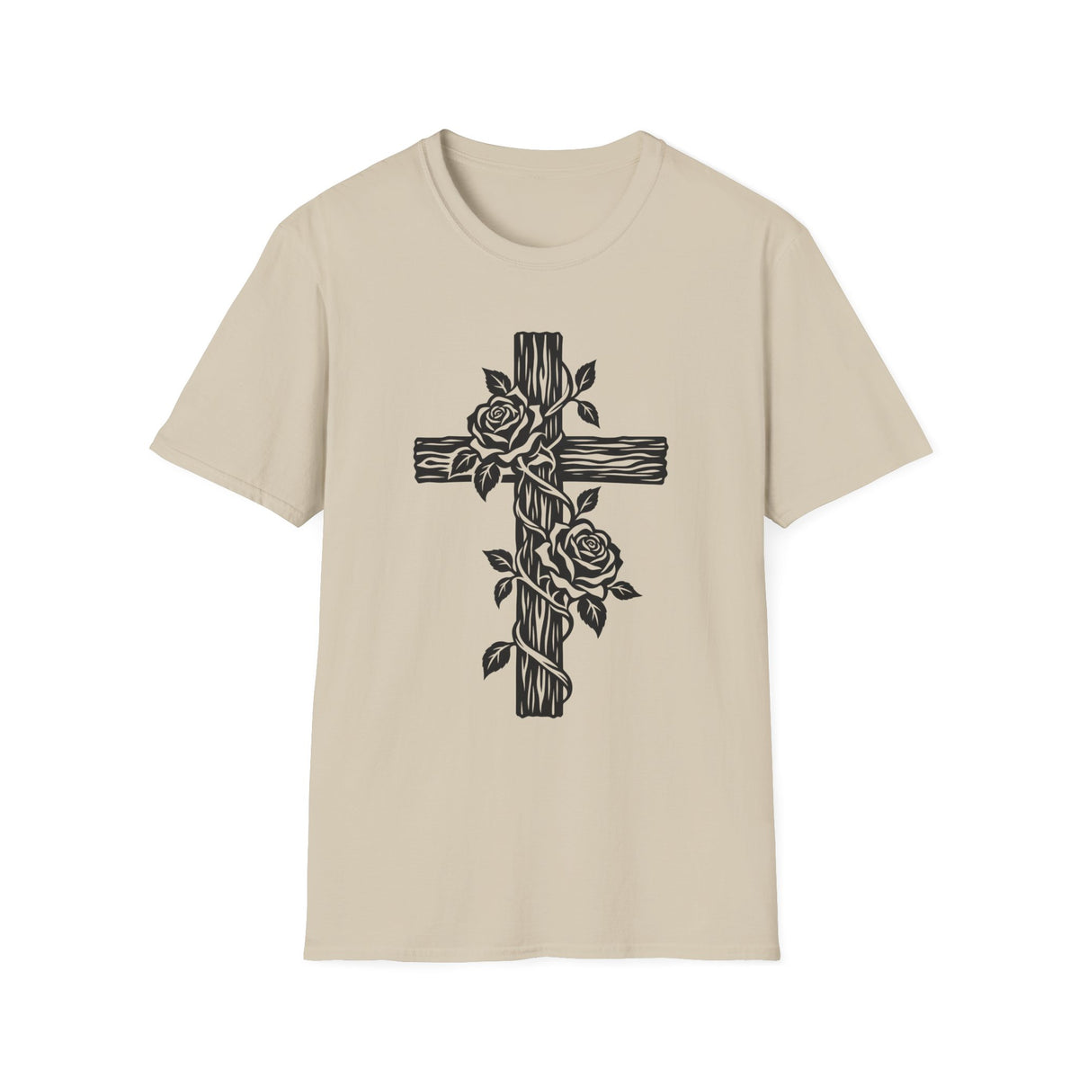 Rose Vine Wooden Cross Gildan 64000 T-Shirt | Floral Christian Cross Tee