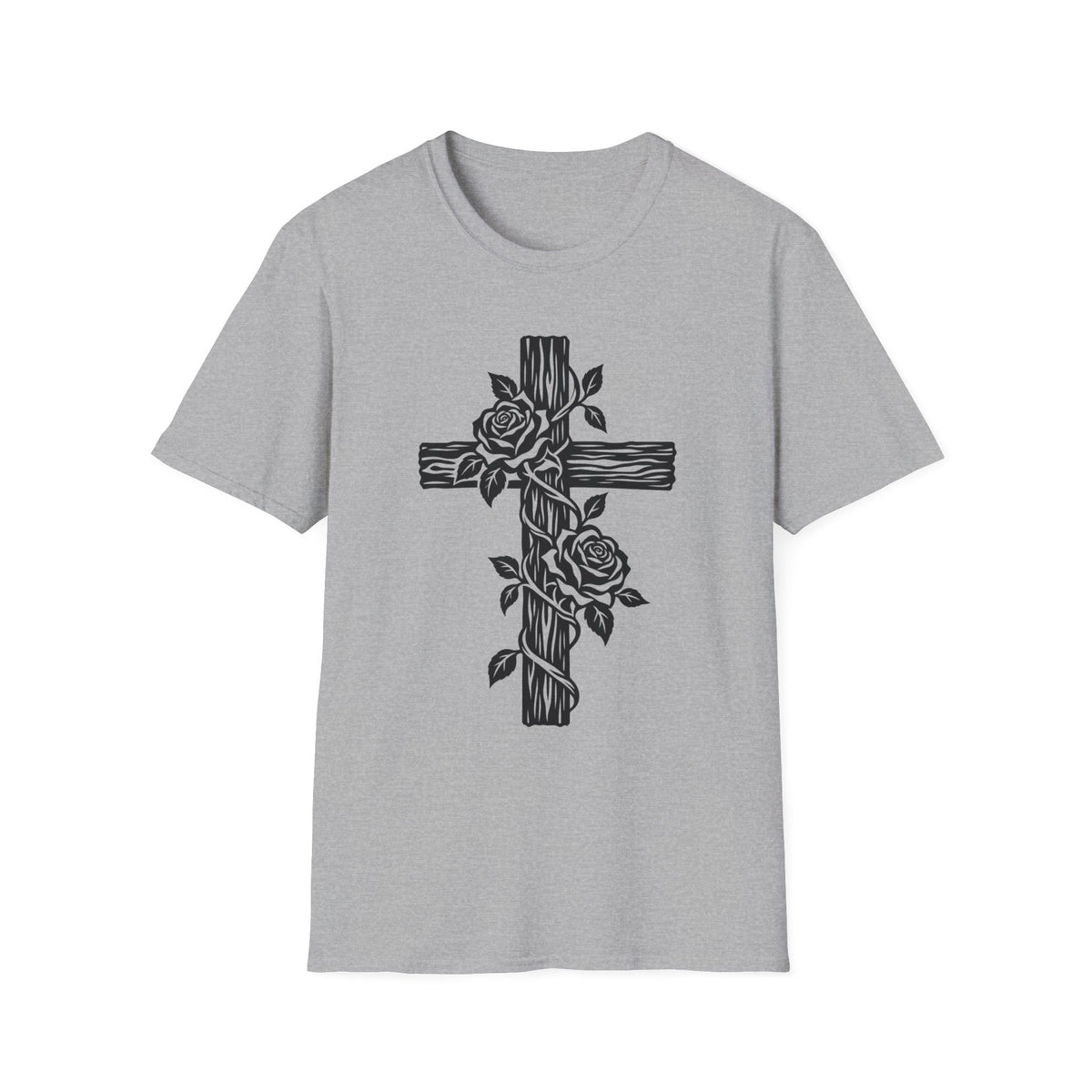 Rose Vine Wooden Cross Gildan 64000 T-Shirt | Floral Christian Cross Tee