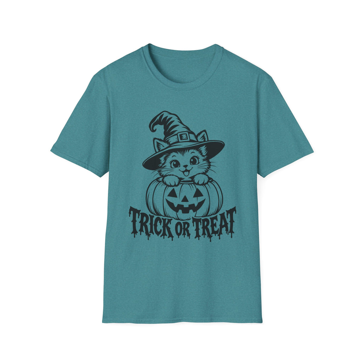 Trick or Treat Witch Kitten Gildan 64000 T-Shirt -- Halloween Cat T-Shirt