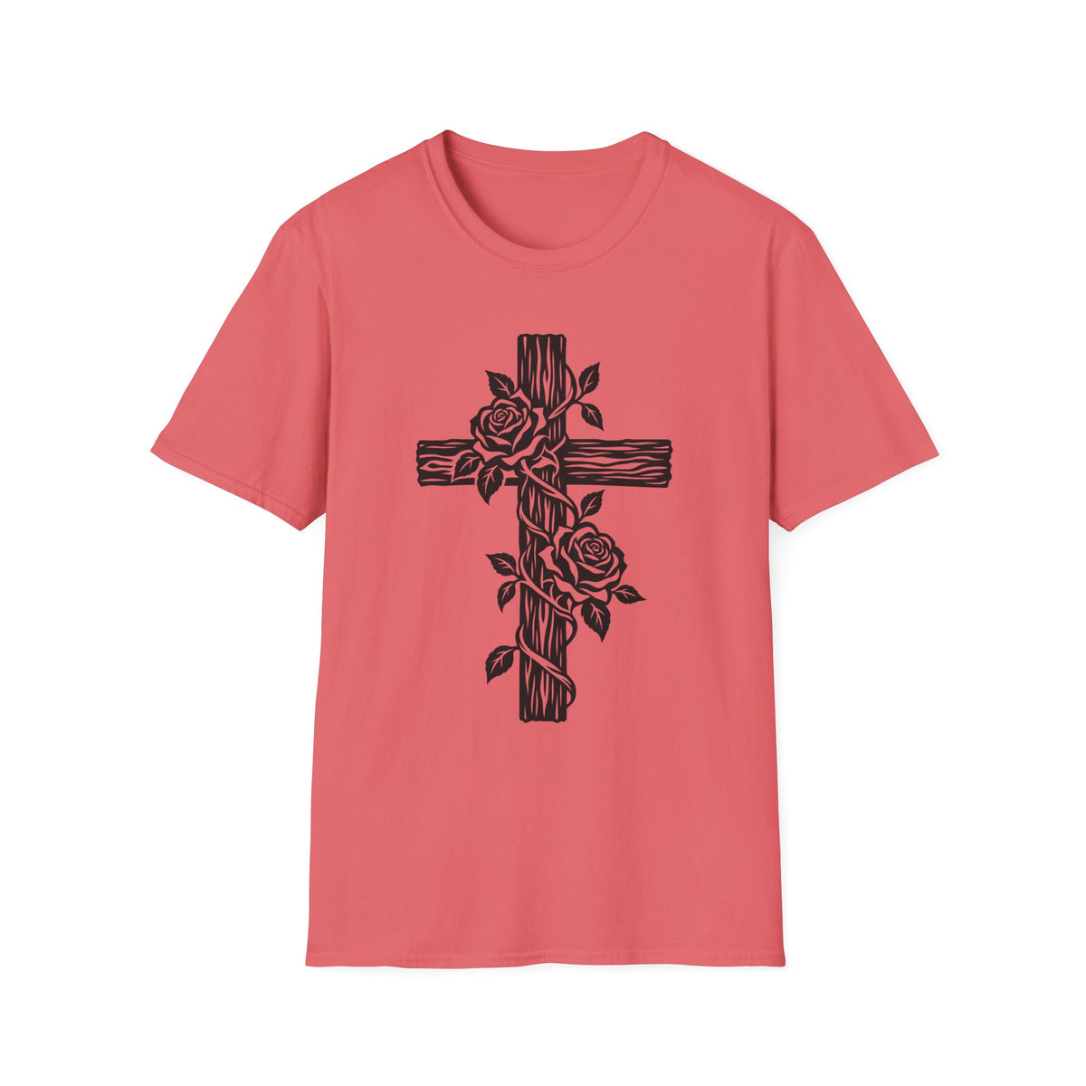 Rose Vine Wooden Cross Gildan 64000 T-Shirt | Floral Christian Cross Tee