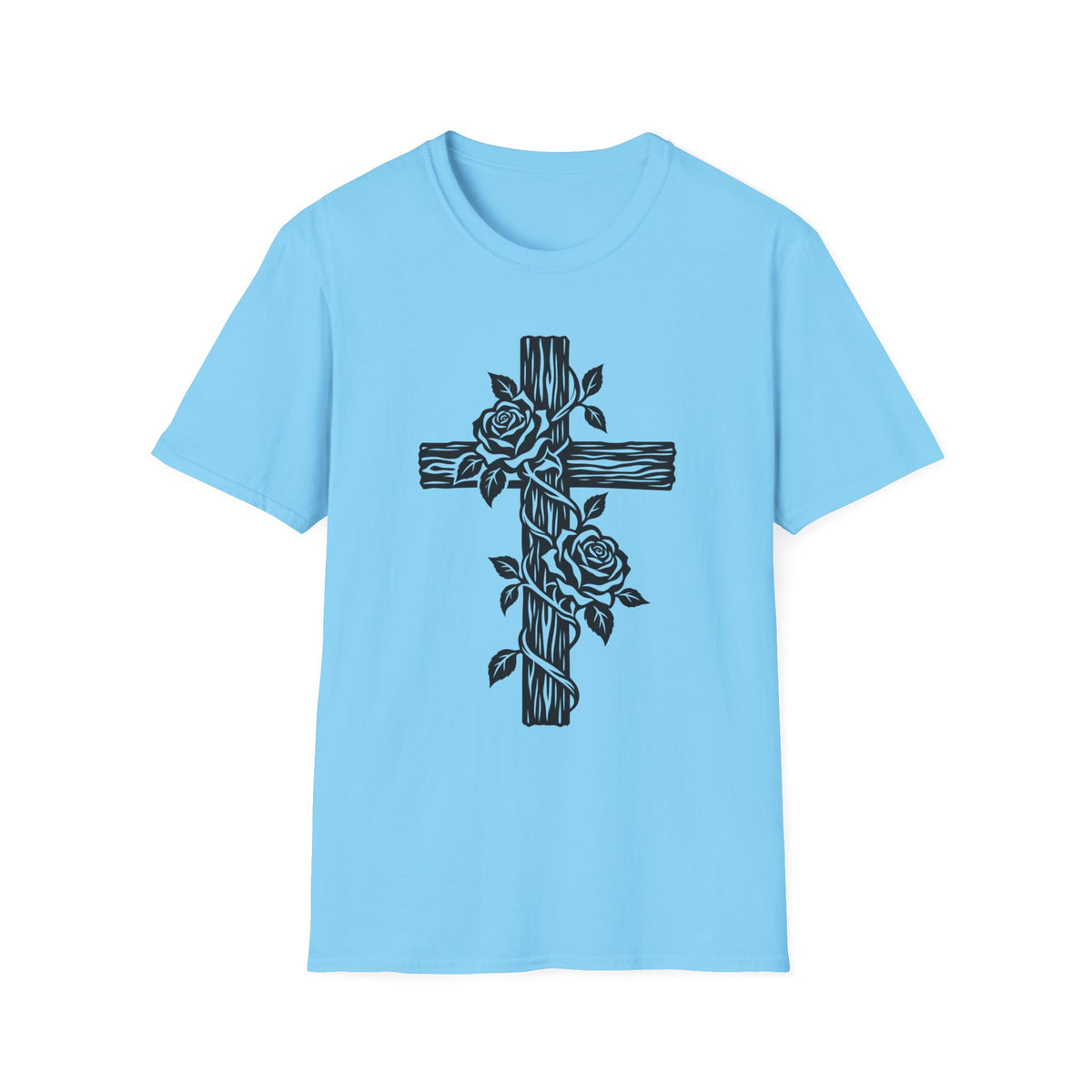 Rose Vine Wooden Cross Gildan 64000 T-Shirt | Floral Christian Cross Tee