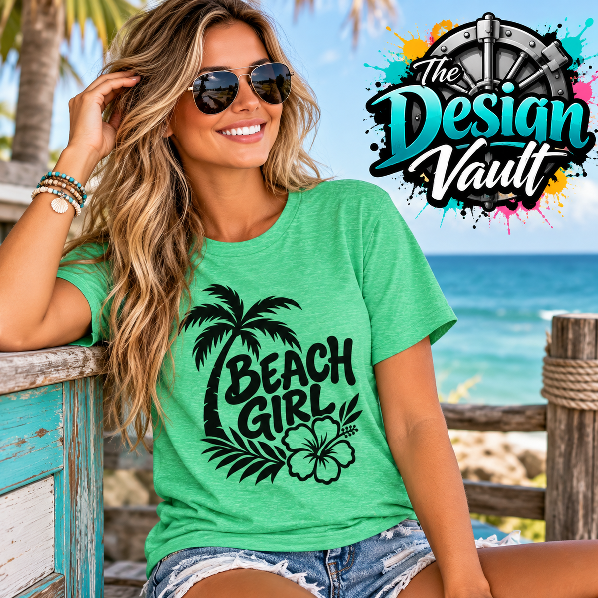 Beach Girl 1 Gildan 64000 T-Shirt | Palm Tree & Hibiscus Design | The Design Vault