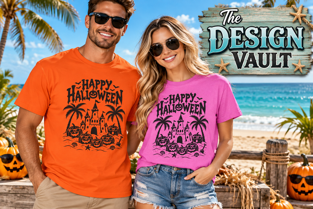 Happy Halloween Beach Gildan 64000 T-Shirt | Tropical Pumpkin Design | The Design Vault