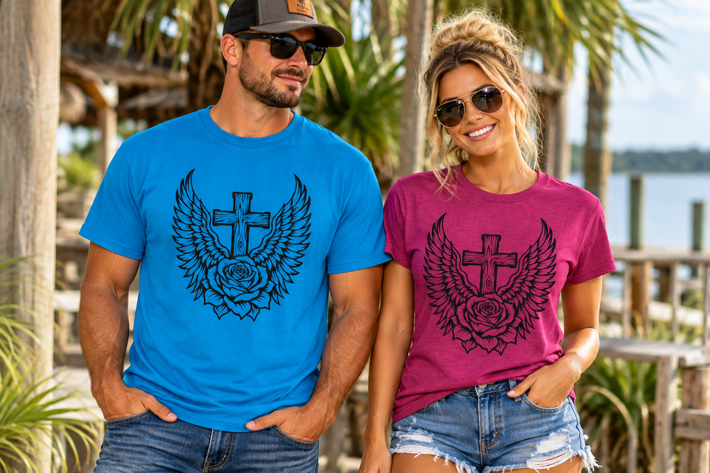 Angel Wings Cross & Rose Gildan 64000 T-Shirt | The Design Vault