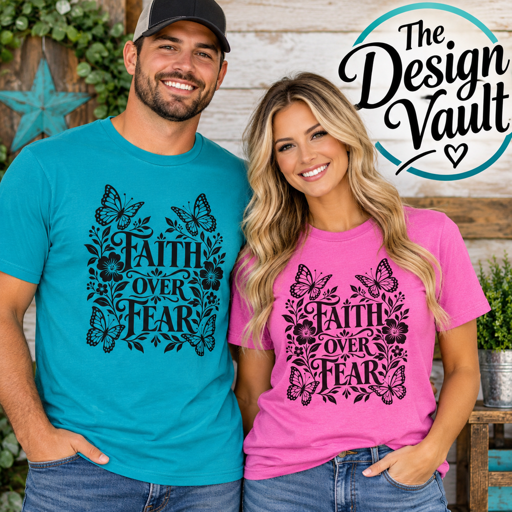Faith Over Fear Gildan 64000 T-Shirt | Butterfly Floral Christian Typography