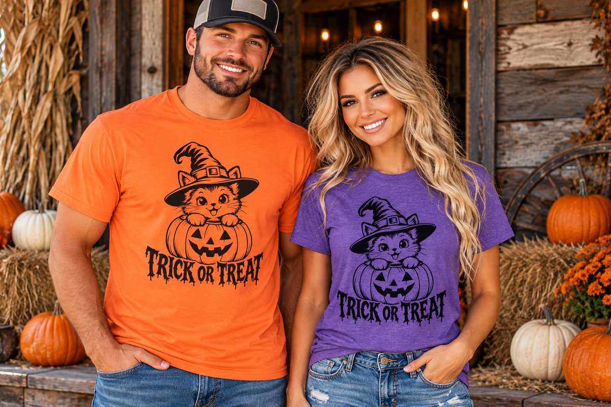Trick or Treat Witch Kitten Gildan 64000 T-Shirt -- Halloween Cat T-Shirt