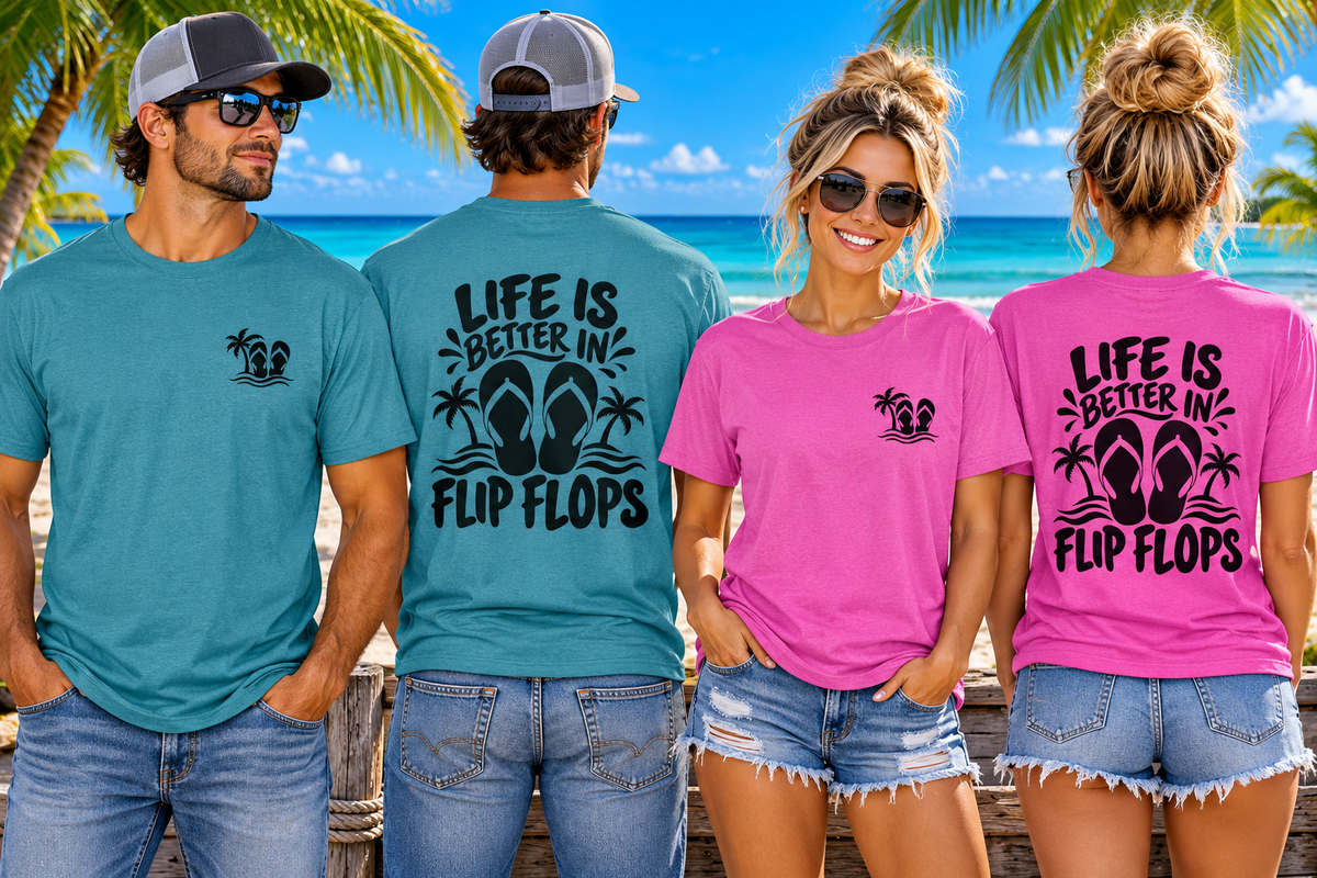 Life Is Better in Flip Flops Gildan 64000 T-Shirt — Tropical Palm Beach Tee