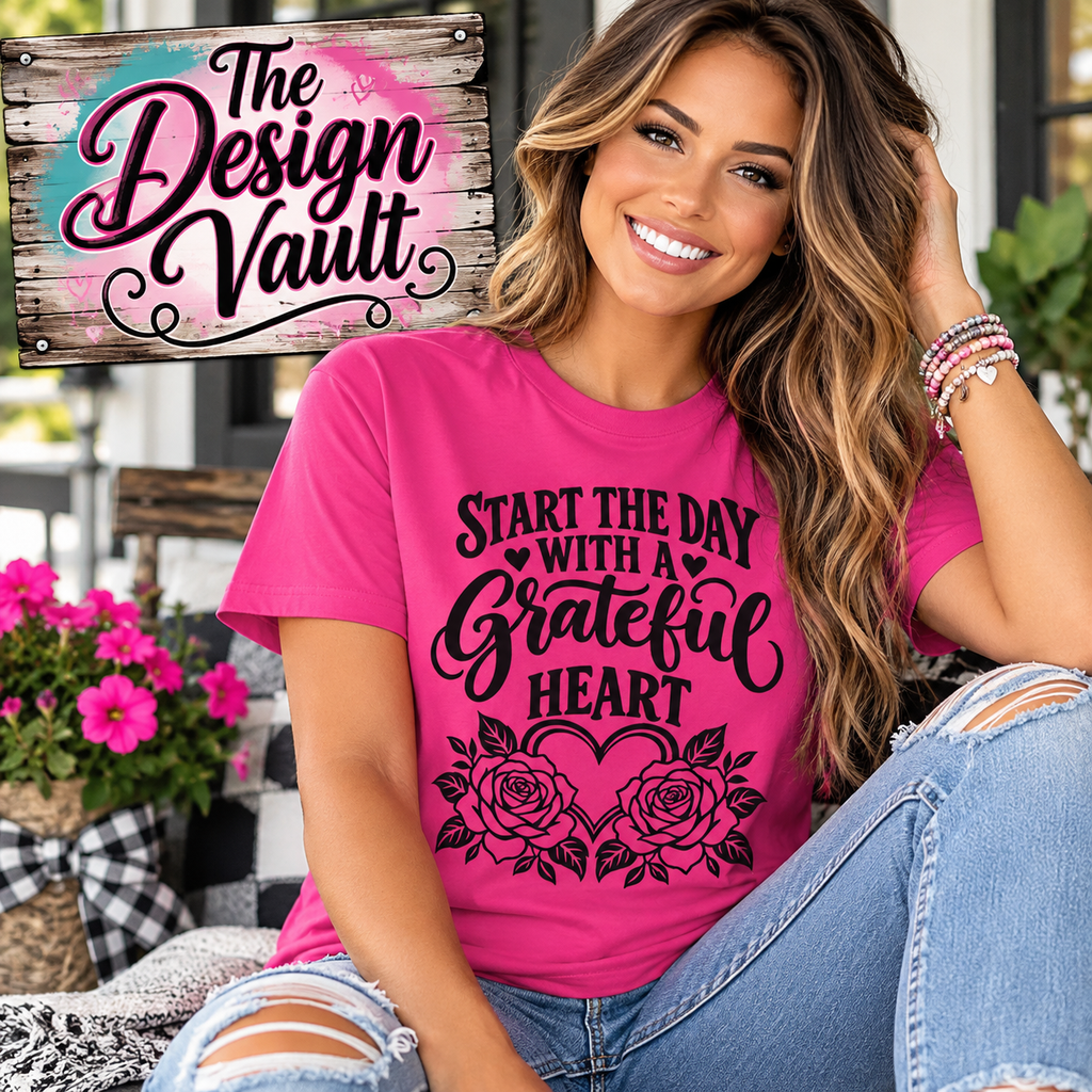 Start the Day with a Grateful Heart Floral Gildan 64000 T-Shirt | The Design Vault