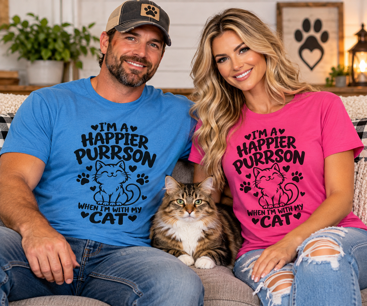 I'm a Happier Purrson Cat Lover Gildan 64000 T-Shirt | The Design Vault