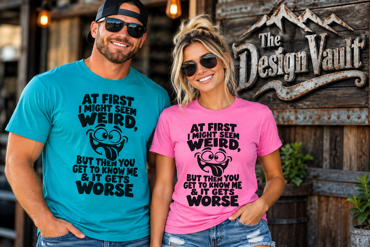 At First I Might Seem Weird Gildan 64000 T-Shirt | Funny Quote Tee with Cartoon Face