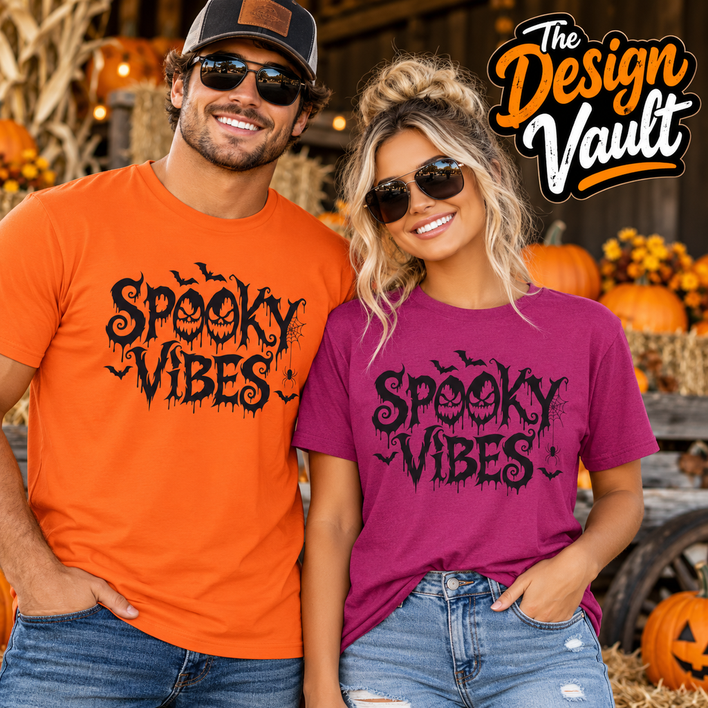 Spooky Vibes T-Shirt | Halloween bats, dripping horror lettering