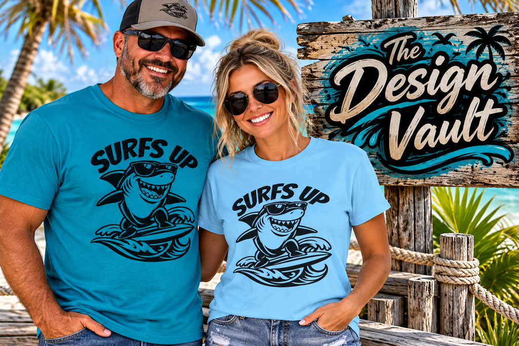 Surf's Up Shark Surfing Gildan 64000 T-Shirt | The Design Vault