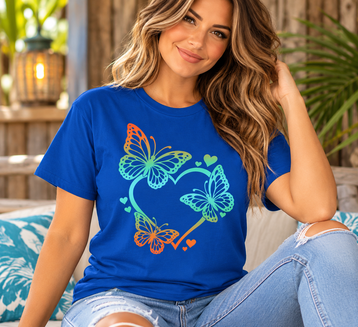 Hearts And Butterflies Gildan 64000 T-Shirt — Rainbow Butterflies Graphic Tee