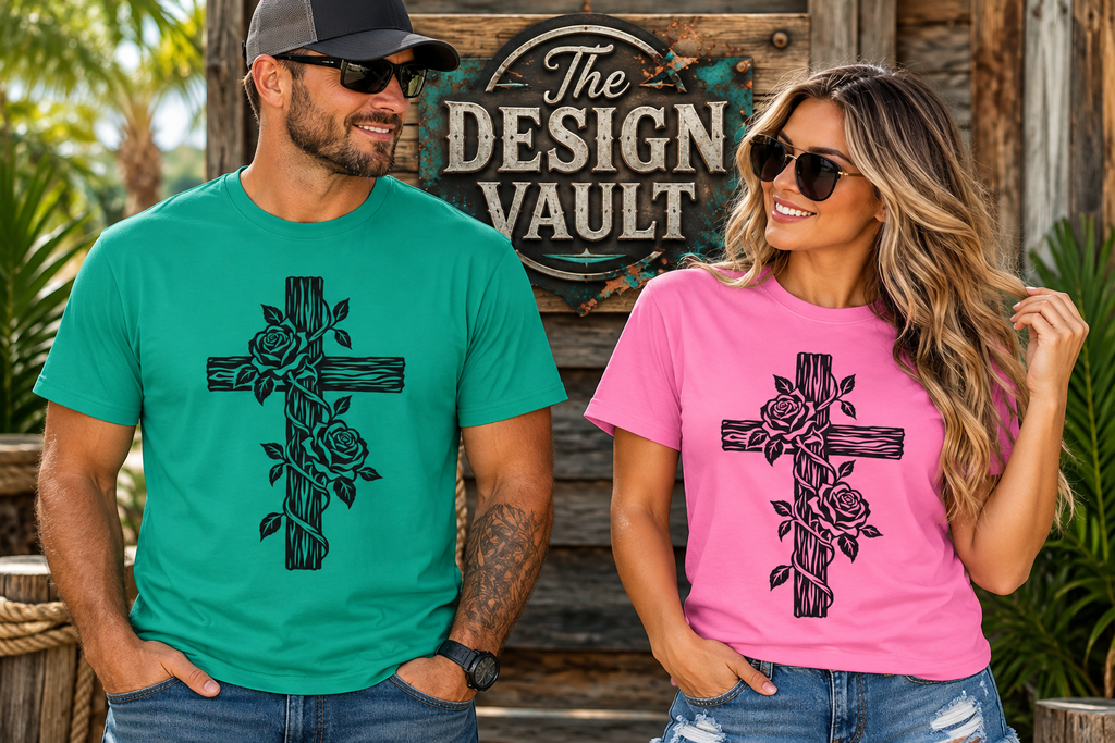 Rose Vine Wooden Cross Gildan 64000 T-Shirt | Floral Christian Cross Tee