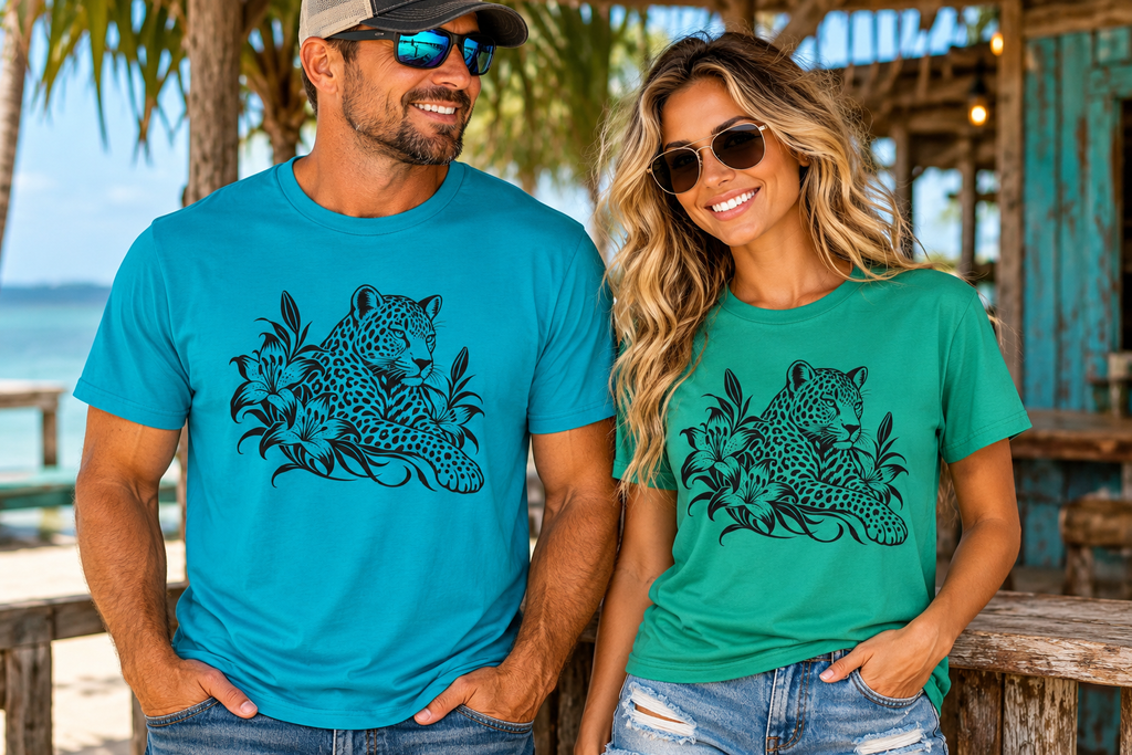 Leopard & Tropical Flowers Gildan 64000 T-Shirt | Wildlife Graphic Tee | The Design Vault